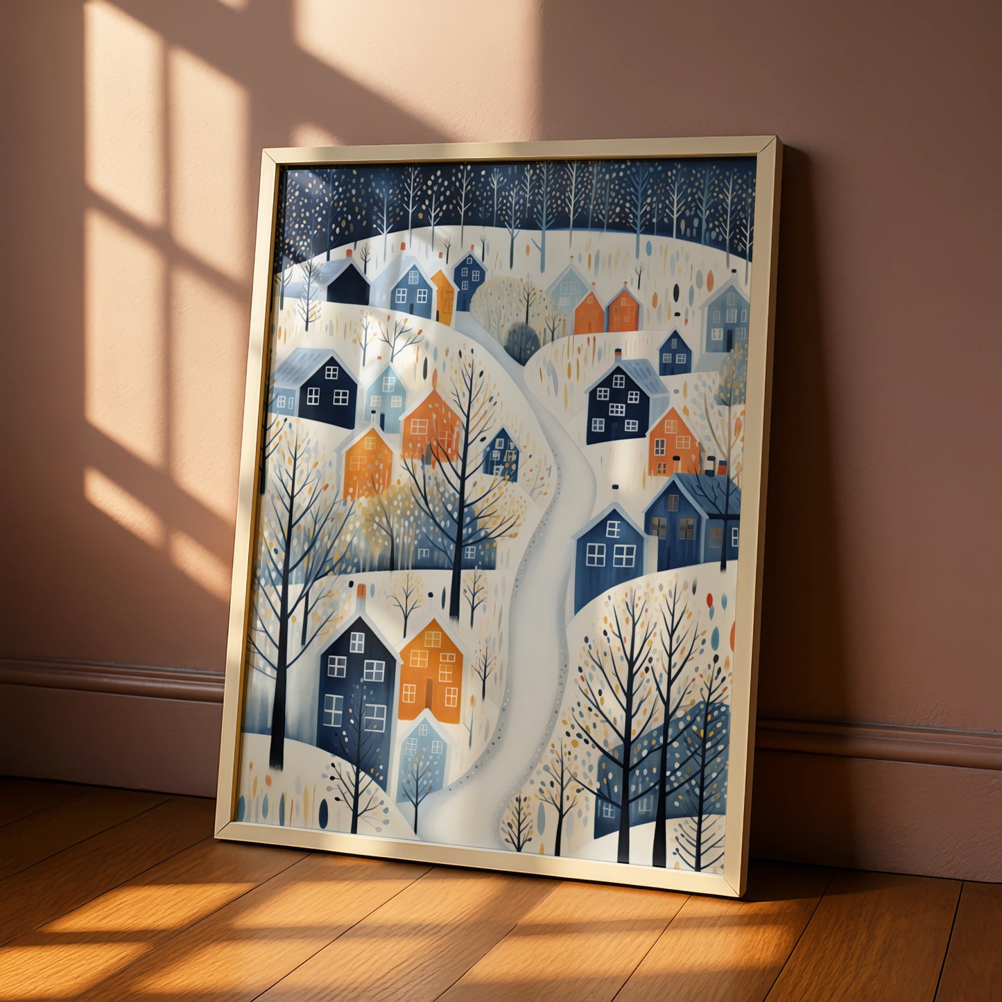 Christmas Winter Village Poster, Snowy Town Wall Art, Nordic Scandi Festive Print