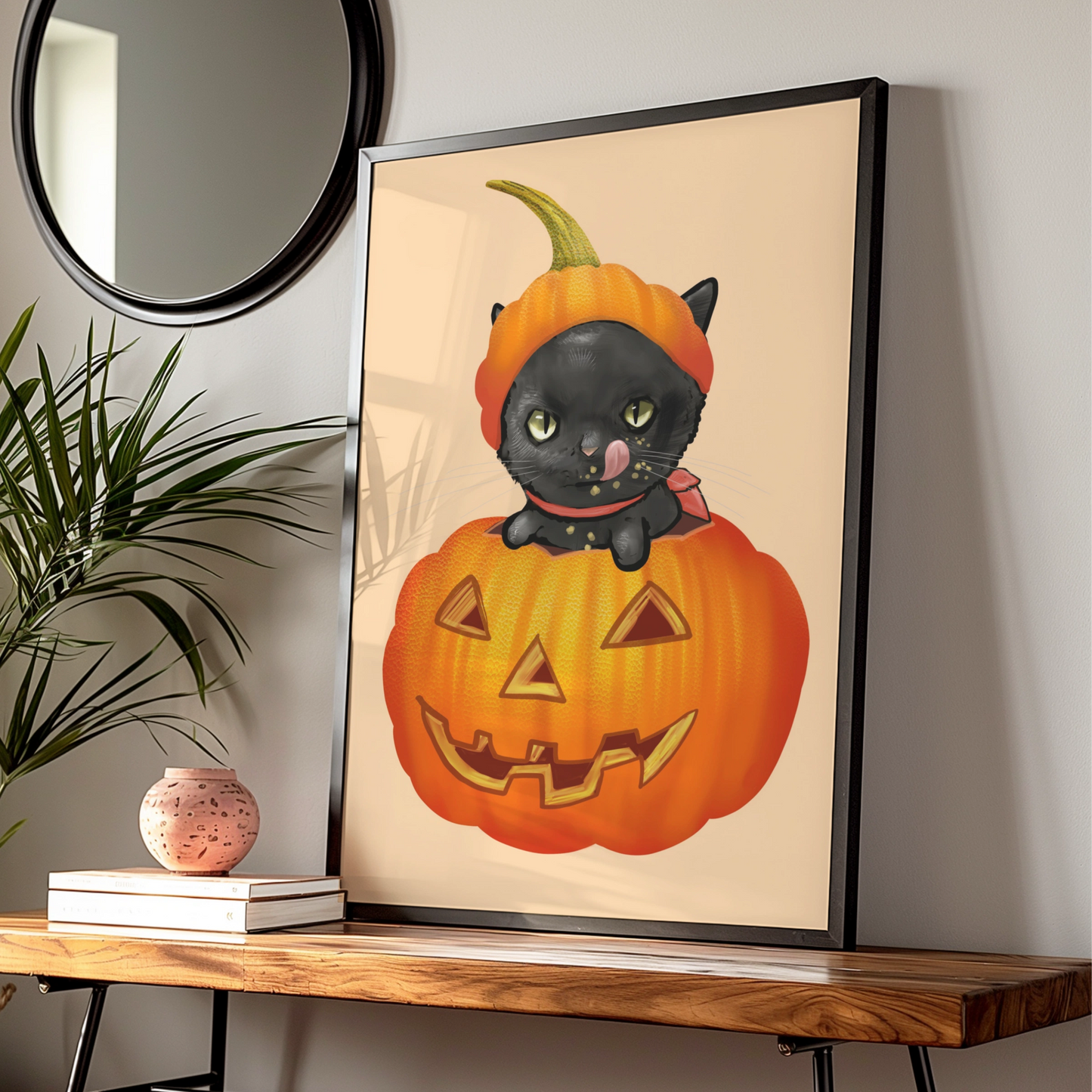 Halloween Black Cat Pumpkin Poster, Jack O Lantern Cat Wall Art, Spooky Cute Cat Print