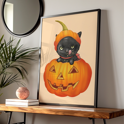 Halloween Black Cat Pumpkin Poster, Jack O Lantern Cat Wall Art, Spooky Cute Cat Print