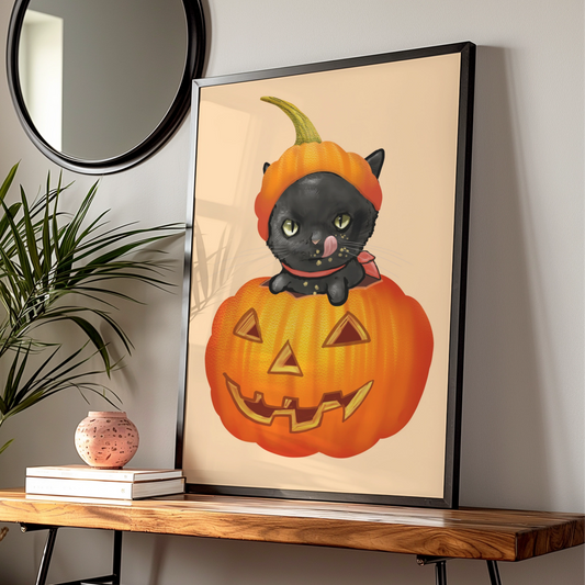 Halloween Black Cat Pumpkin Poster, Jack O Lantern Cat Wall Art, Spooky Cute Cat Print