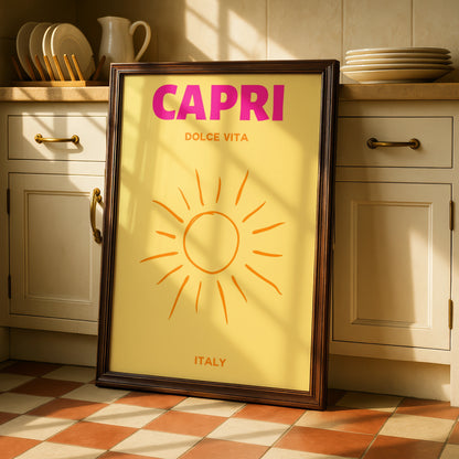 Capri Italy Travel Poster, Dolce Vita Wall Art, Retro Sun Print, Italian Holiday Decor