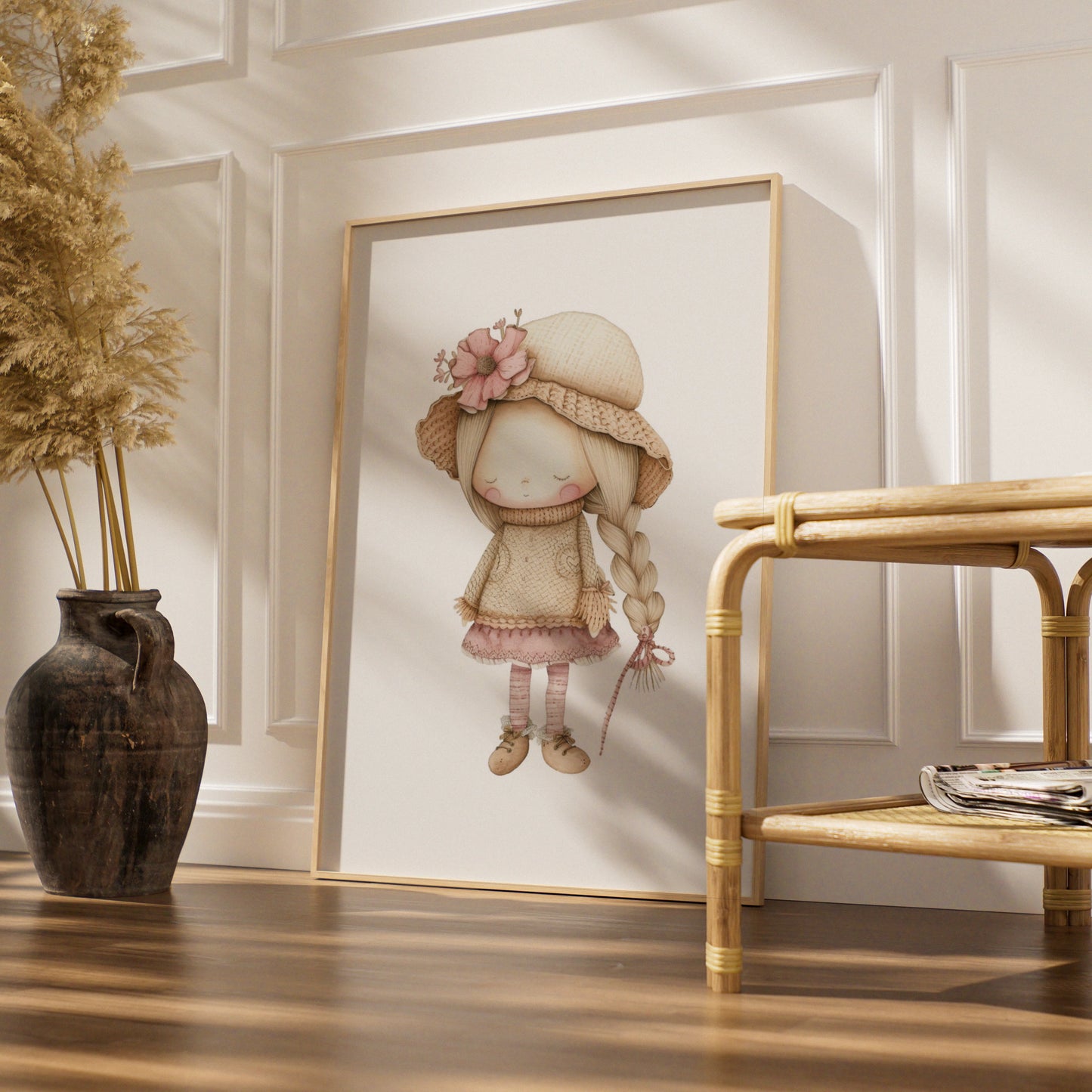 Nursery Wall Art Girl Print, Boho Doll Poster, Pink Beige Baby Girl Room Decor
