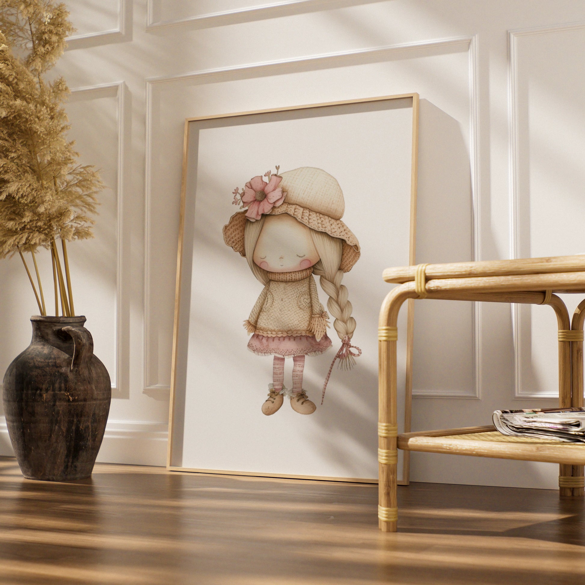 Nursery Wall Art Girl Print, Boho Doll Poster, Pink Beige Baby Girl Room Decor