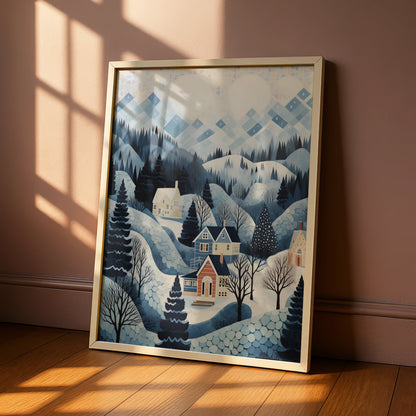 Christmas Winter Village Poster, Snowy Landscape Art Print, Blue Festive Wall Art, Holiday Home