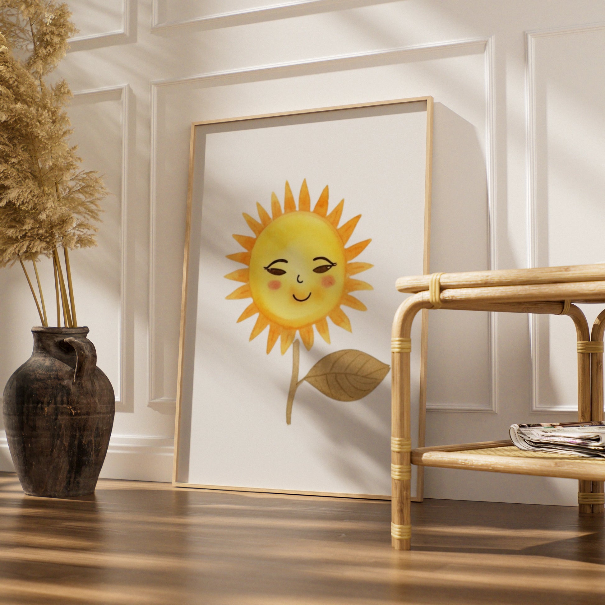 Cute Sun Nursery Wall Art, Watercolour Sunflower Poster, Baby Room Decor, Yellow Kids Print
