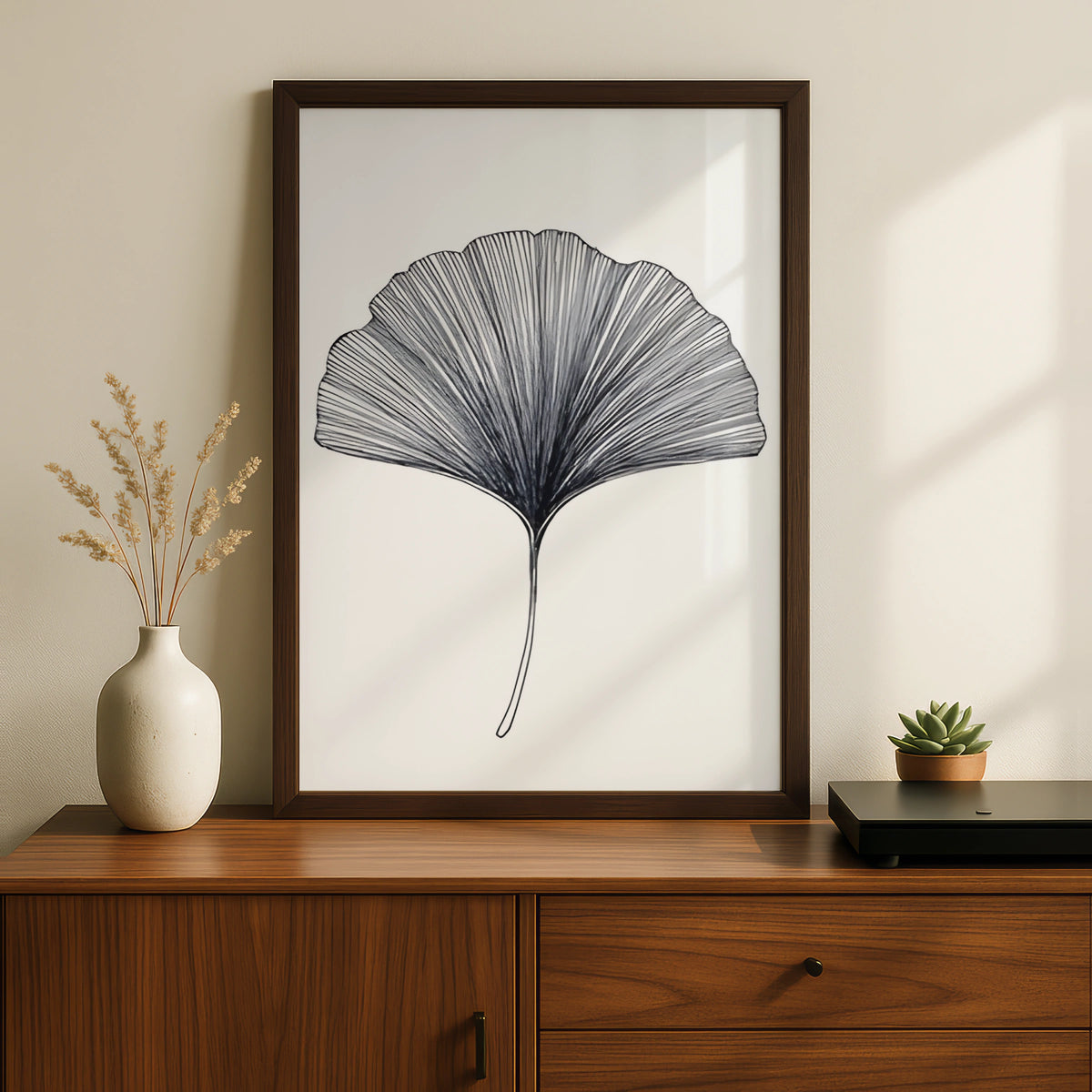 Ginkgo Leaf Monochrome Wall Art, Black and White Botanical Print, Minimalist Poster