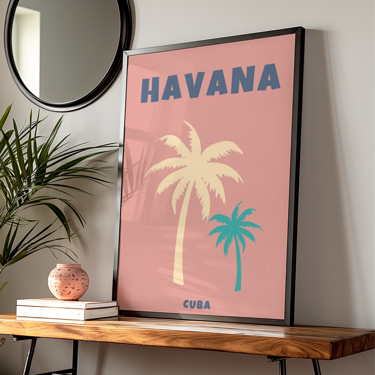 Havana Cuba Travel Poster, Retro Palm Tree Wall Art, Tropical Print, Pink Teal