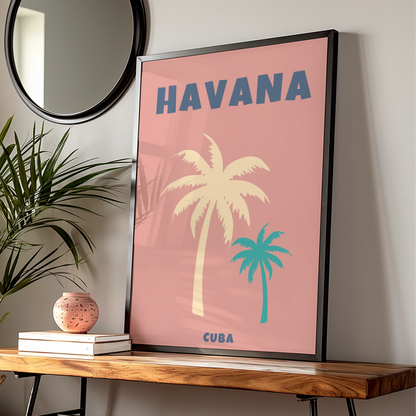 Havana Cuba Travel Poster, Retro Palm Tree Wall Art, Tropical Print, Pink Teal