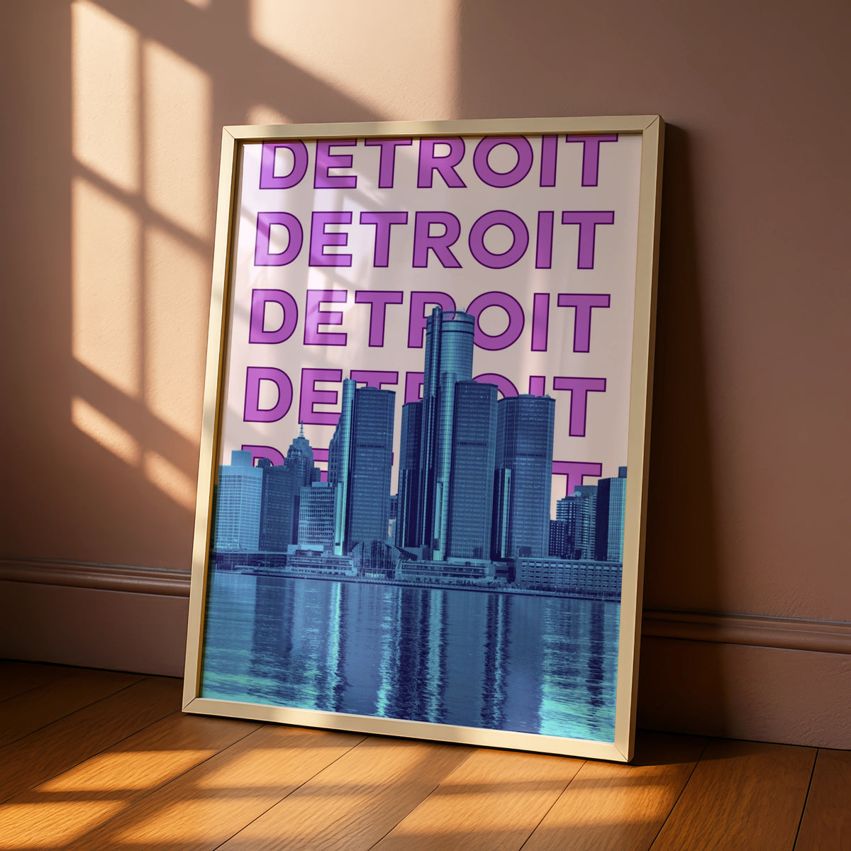 Detroit Travel Poster, Michigan City Skyline Wall Art, Retro Purple Blue Print