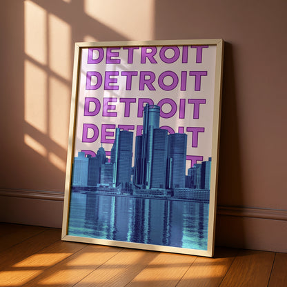Detroit Travel Poster, Michigan City Skyline Wall Art, Retro Purple Blue Print