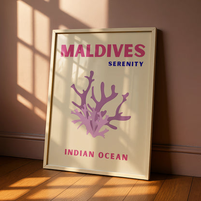 Maldives Travel Poster, Indian Ocean Wall Art, Coral Print, Retro Tropical Decor