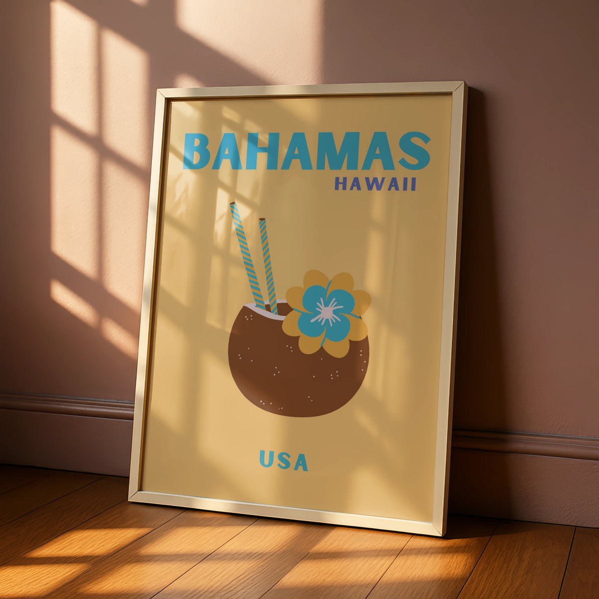 Bahamas Hawaii Travel Poster, Retro Tropical Wall Art, Coconut Drink Print, Beach Decor