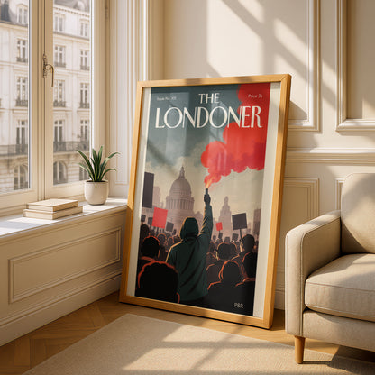 The Londoner Magazine Cover Poster, London Protest Wall Art, Vintage Style Red Smoke Art Print