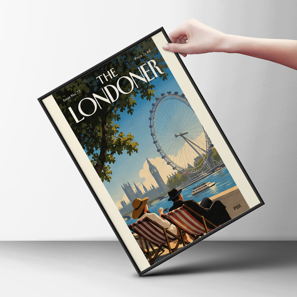 London Eye Poster, Vintage London Wall Art Print, Magazine Cover Style, Thames Riverside Deckchairs