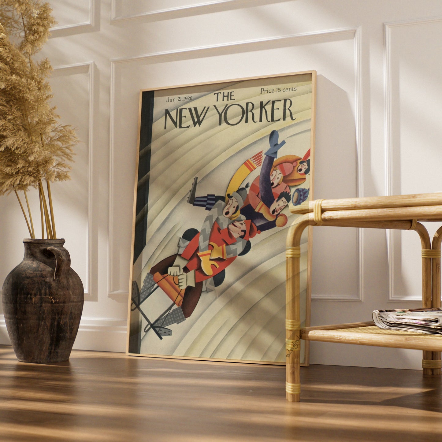 The New Yorker 1928 Winter Sledding Cover Art Poster, Vintage Art Deco Wall Print