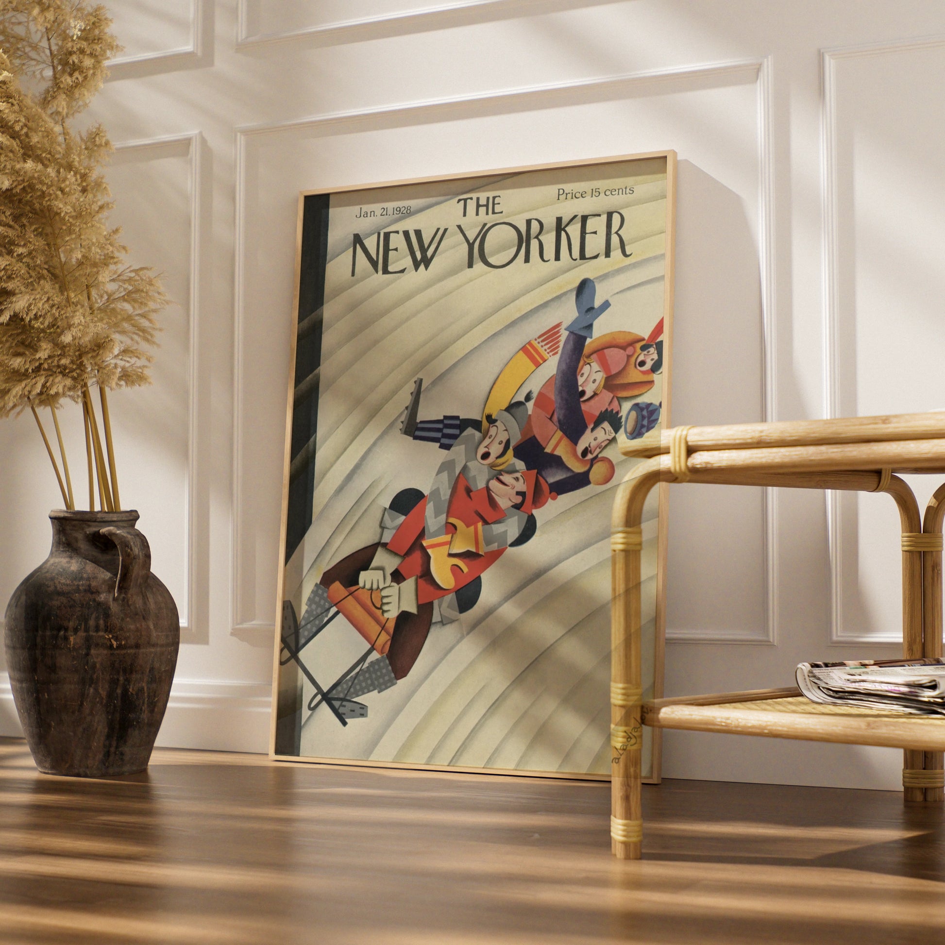 The New Yorker 1928 Winter Sledding Cover Art Poster, Vintage Art Deco Wall Print
