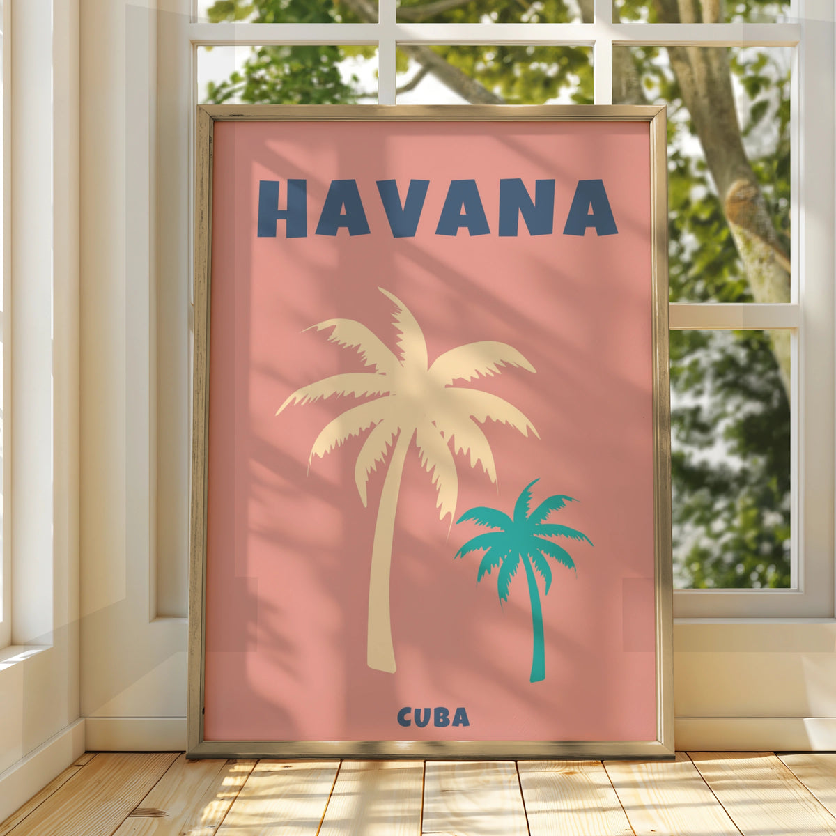 Havana Cuba Travel Poster, Retro Palm Tree Wall Art, Tropical Print, Pink Teal