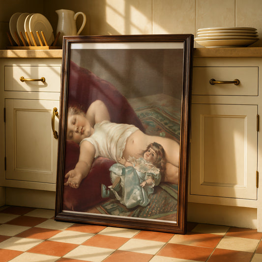 Sleeping Baby Victorian Art Print, Child With Doll Vintage Poster, Nursery Wall Art