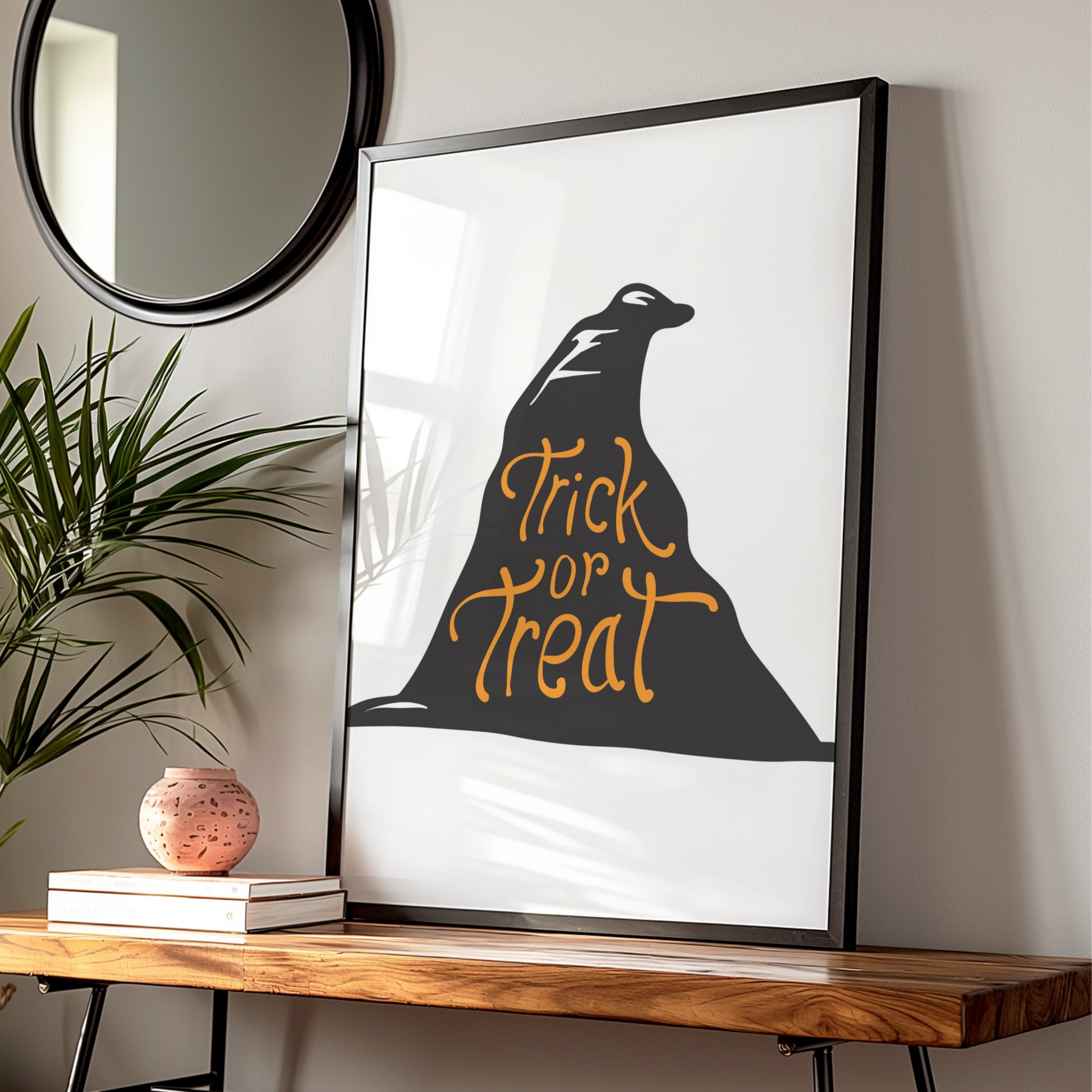 Trick or Treat Halloween Poster, Witch Hat Wall Art, Black Orange Spooky Print