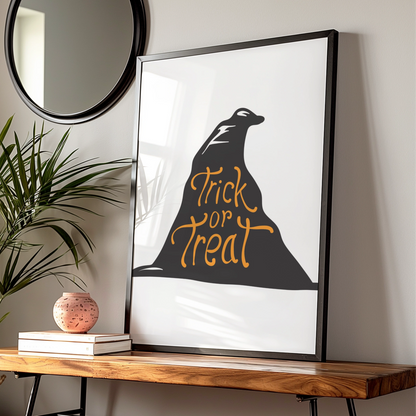 Trick or Treat Halloween Poster, Witch Hat Wall Art, Black Orange Spooky Print