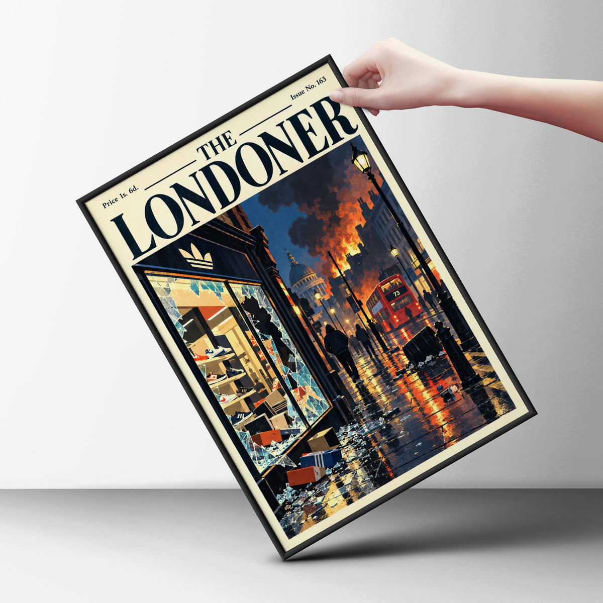 The Londoner Poster, London Street Riot Scene, Red Bus Night, Vintage Magazine Cover Wall Art Print