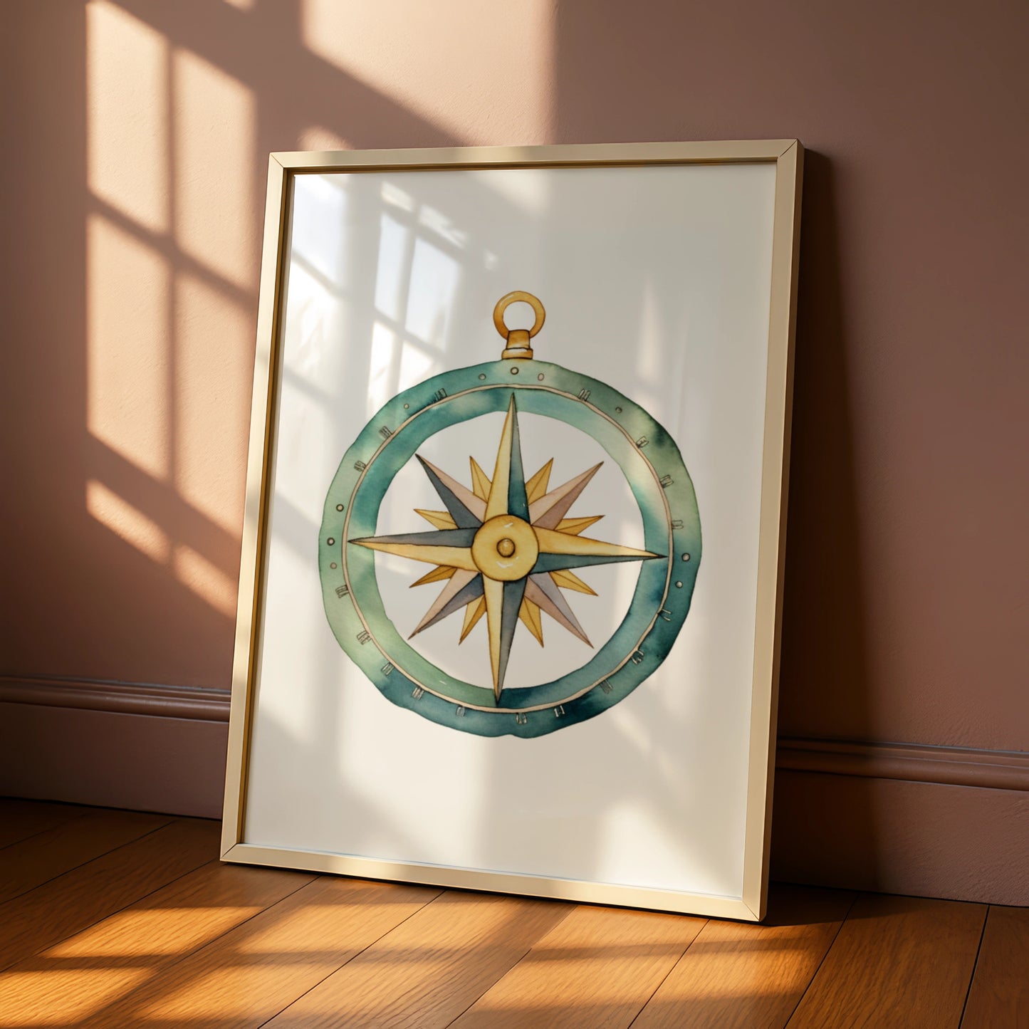 Compass Nursery Wall Art, Watercolour Adventure Poster, Teal Gold Boys Room Print