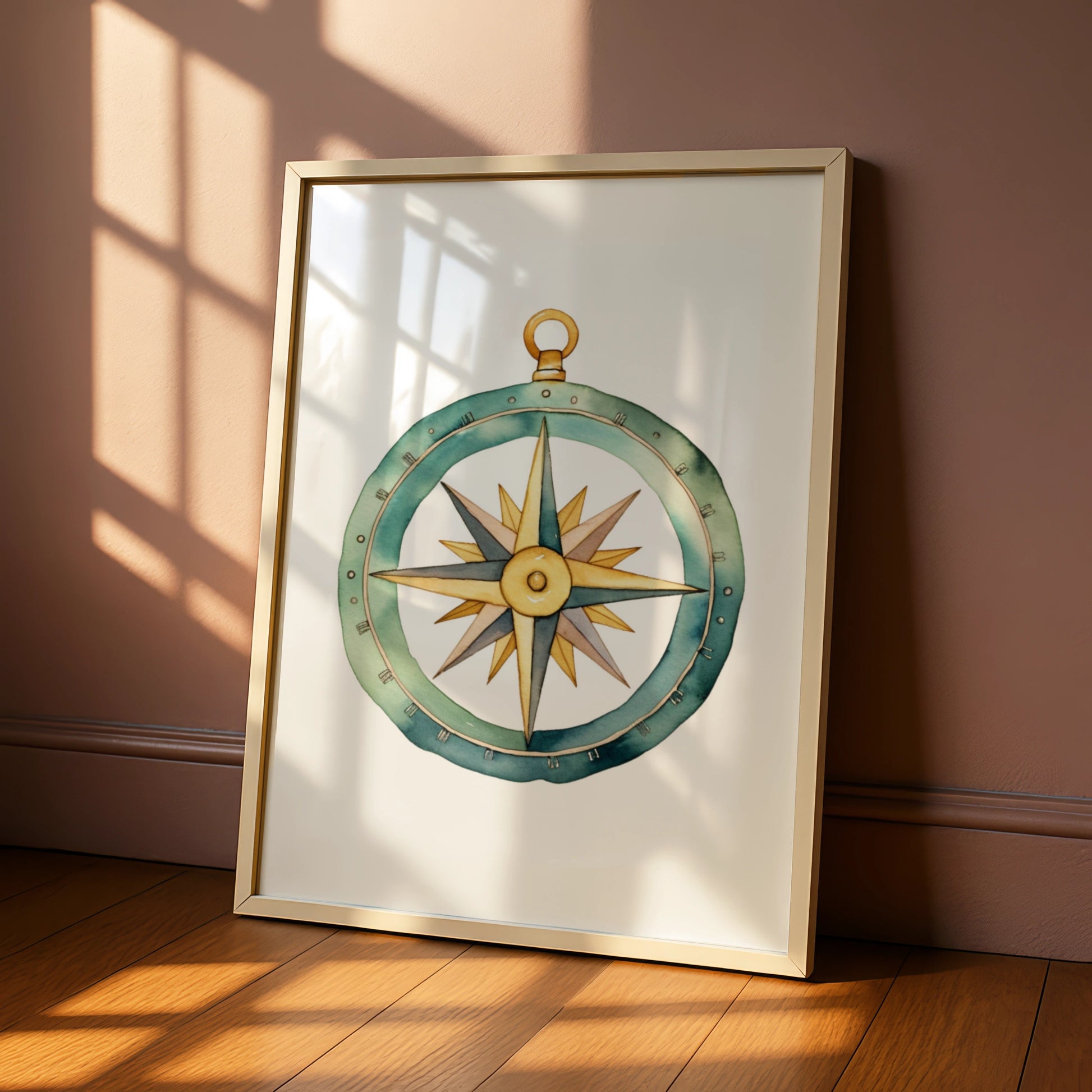 Compass Nursery Wall Art, Watercolour Adventure Poster, Teal Gold Boys Room Print