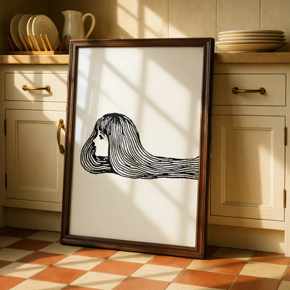Halloween Witch Hair Poster, Creepy Girl Line Art Print, Black White Spooky Wall Art