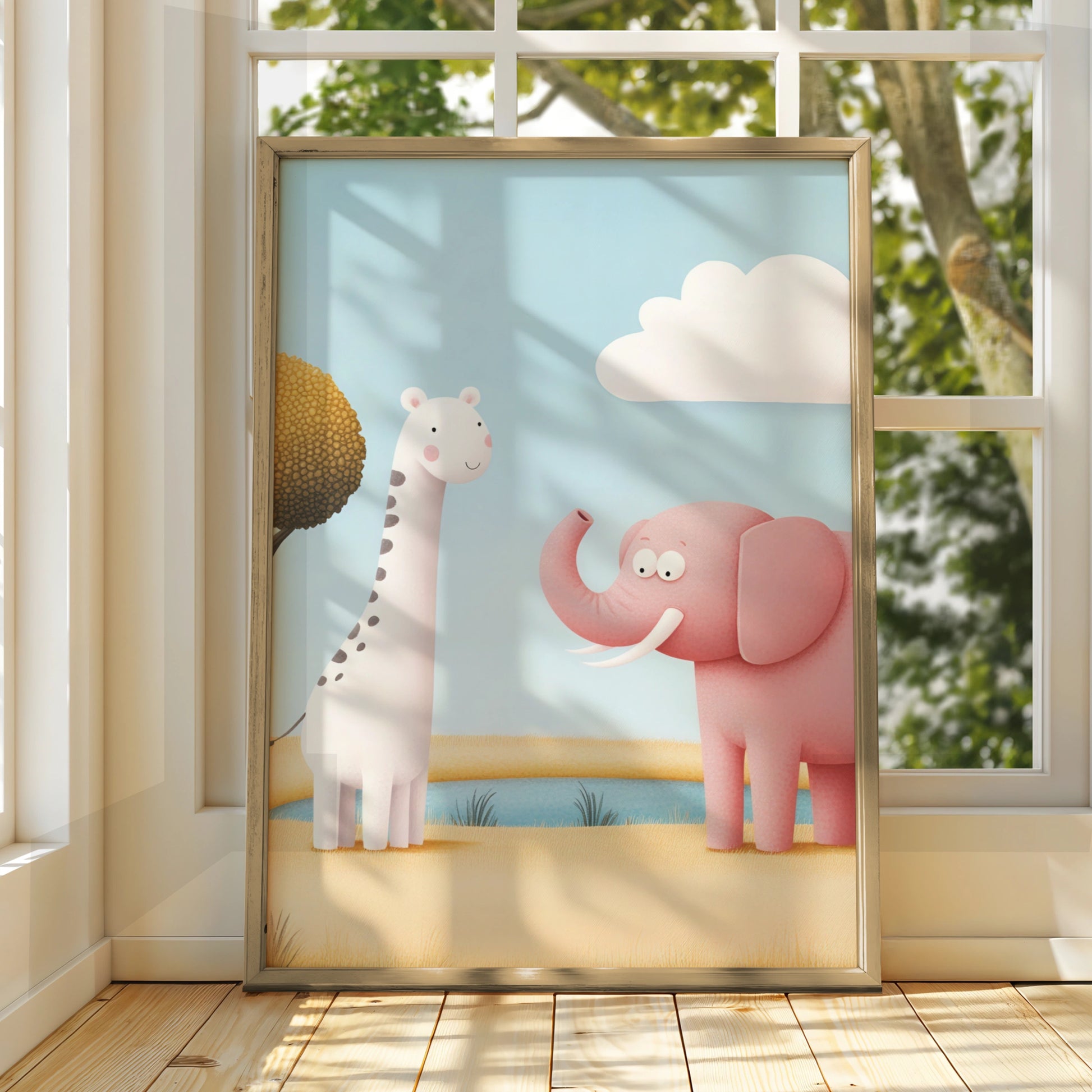 Giraffe Elephant Nursery Wall Art, Cute Safari Animal Print, Baby Room Poster