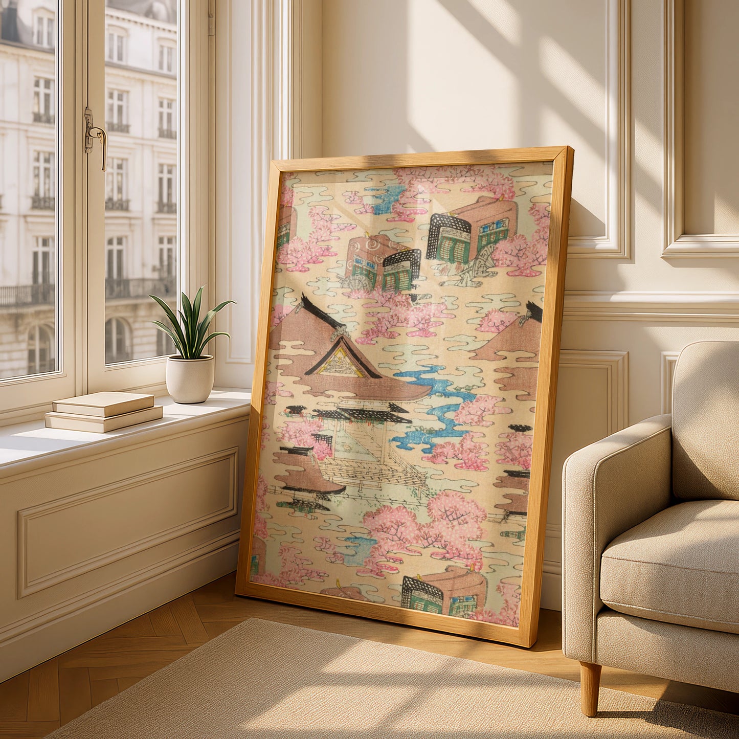 Vintage Japanese Woodblock Wall Art, Cherry Blossom Temple Print, Japandi Poster – A5 Oak frame