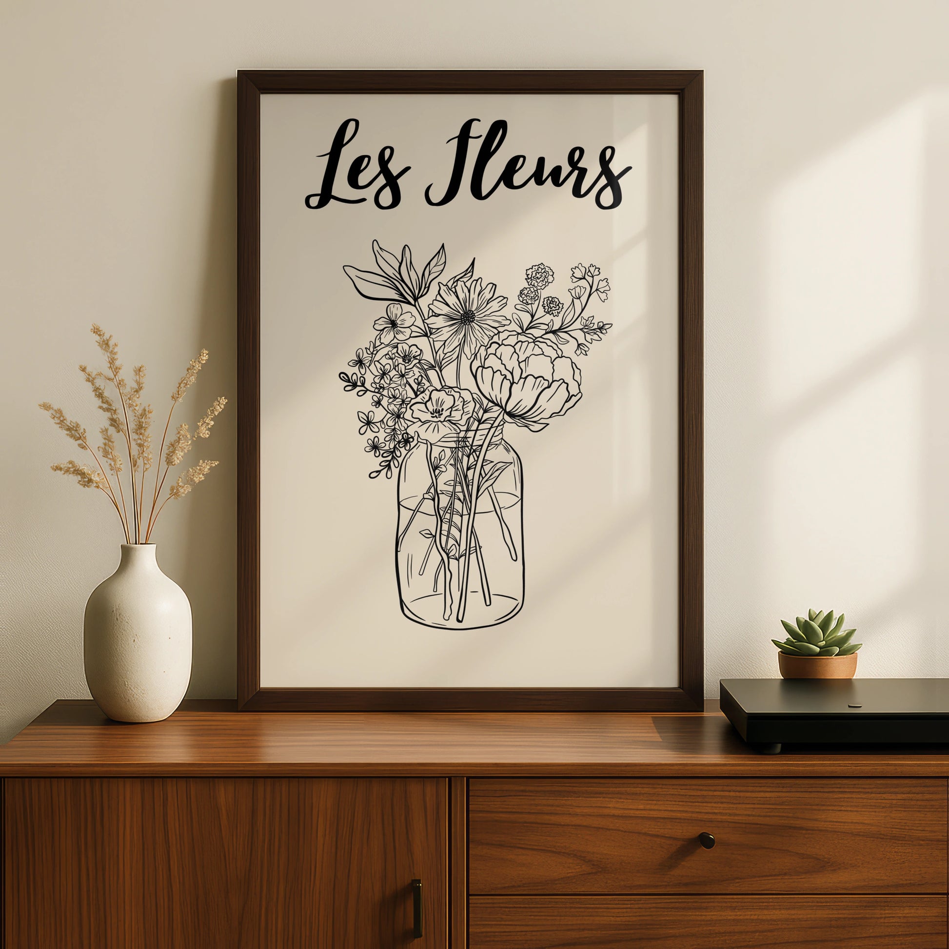 Les Fleurs Botanical Flower Poster, Wildflower Bouquet Wall Art, French Floral Print, Beige