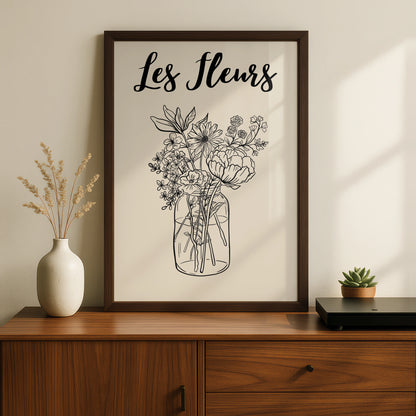 Les Fleurs Botanical Flower Poster, Wildflower Bouquet Wall Art, French Floral Print, Beige