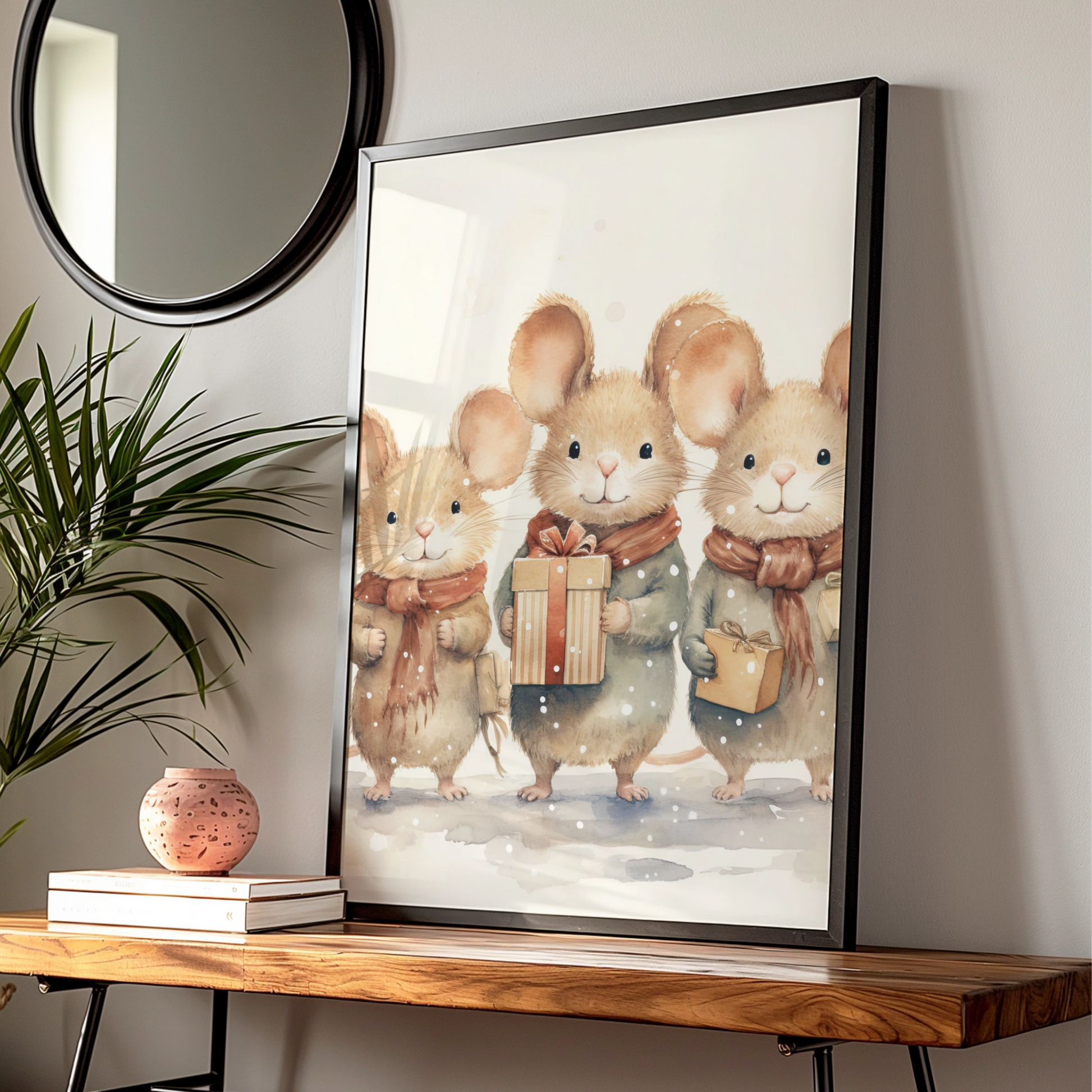 Christmas Mouse Poster, Cute Mice with Gifts Winter Wall Art, Watercolour Xmas Animal Print