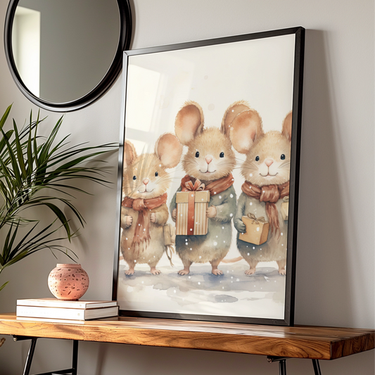 Christmas Mouse Poster, Cute Mice with Gifts Winter Wall Art, Watercolour Xmas Animal Print