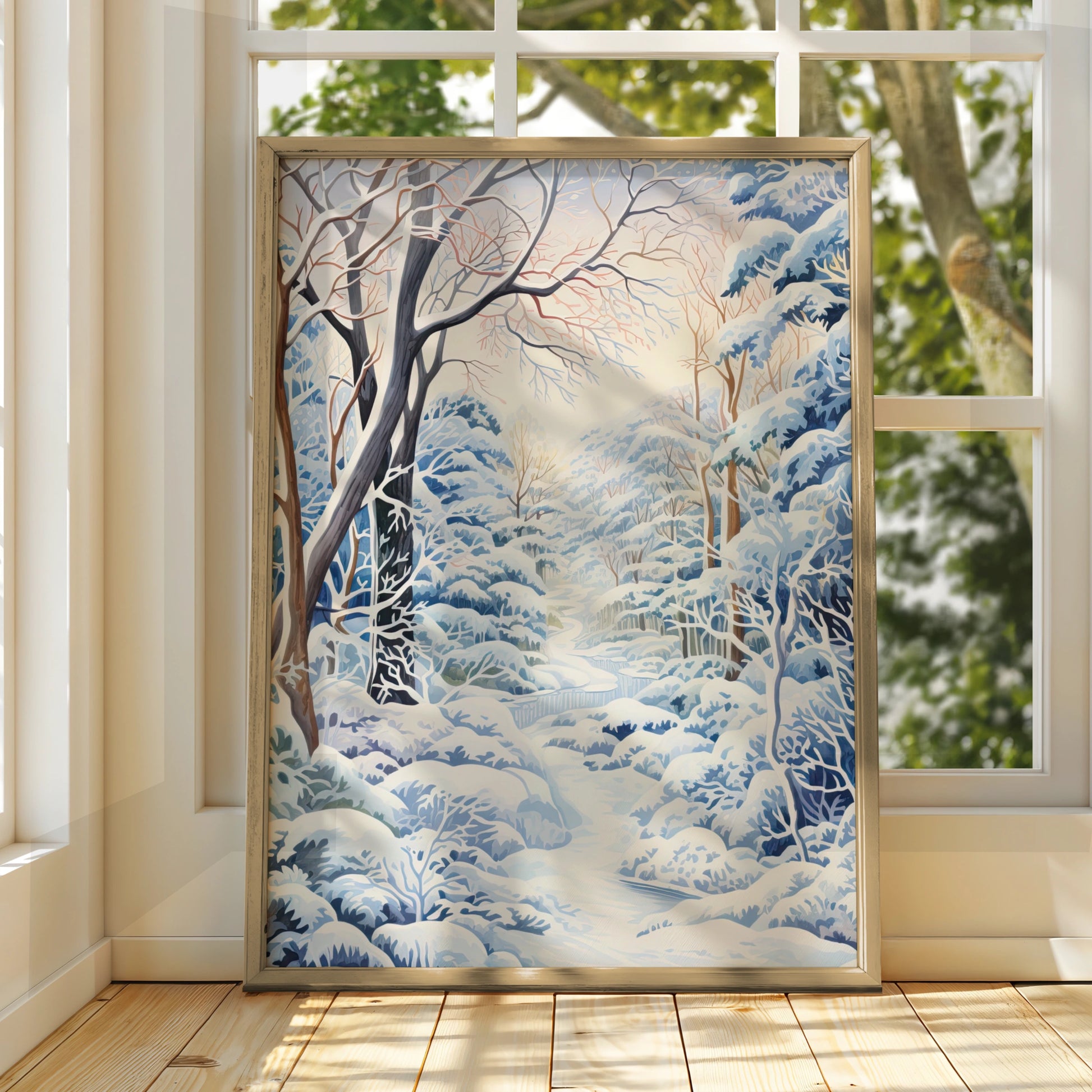 Winter Forest Christmas Poster, Snowy Woodland Wall Art, Blue White Nature Print