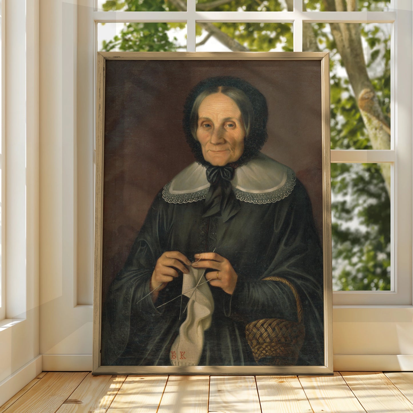 Victorian Woman Knitting Portrait Poster, Dark Antique Oil Painting Wall Art Print