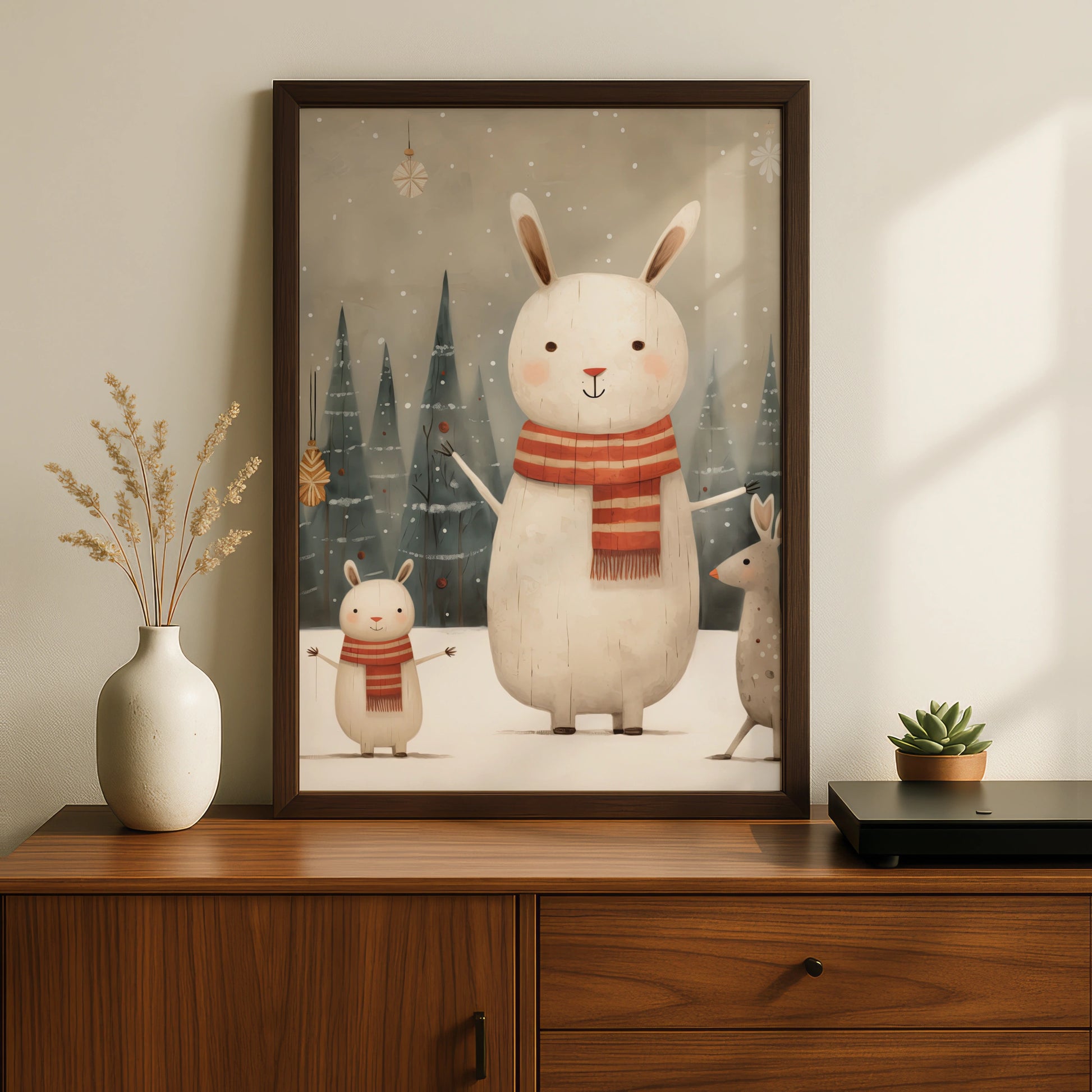 Christmas Bunny Poster, Cute Rabbit Winter Snow Print, Kids Festive Wall Art