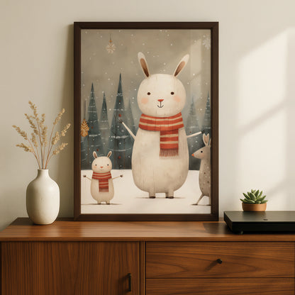 Christmas Bunny Poster, Cute Rabbit Winter Snow Print, Kids Festive Wall Art