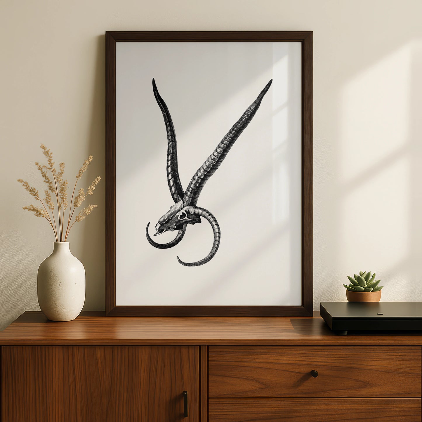 Halloween Skull Horns Poster, Dark Gothic Wall Art, Black White Occult Print, Witchy Decor