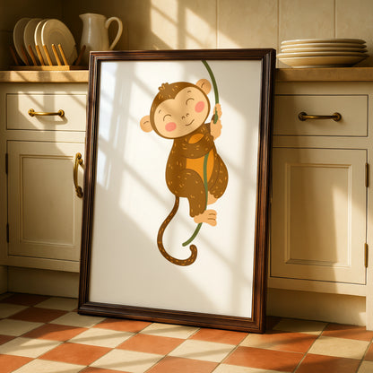 Cute Monkey Nursery Wall Art, Baby Animal Poster, Kids Room Jungle Print, Toddler Decor
