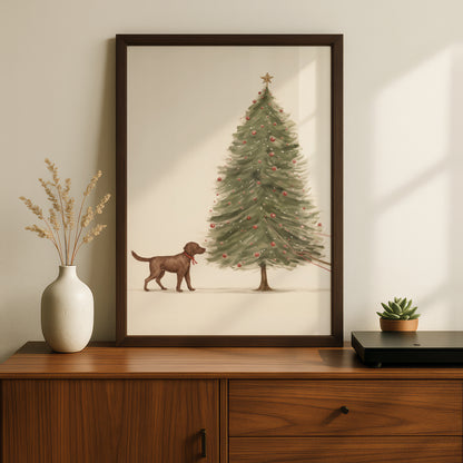 Chocolate Labrador Christmas Tree Poster, Festive Dog Wall Art, Vintage Style Holiday Art Print