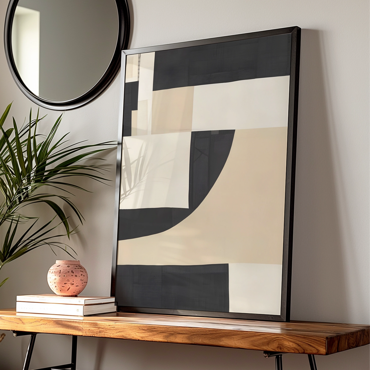 Modern Monochrome Abstract Print, Black Cream Geometric Wall Art, Minimalist Poster