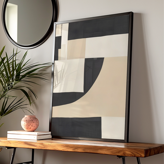 Modern Monochrome Abstract Print, Black Cream Geometric Wall Art, Minimalist Poster