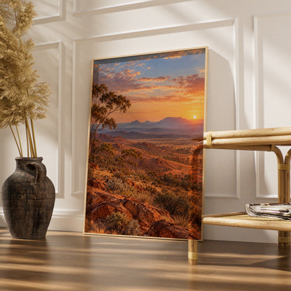 Australian Outback Sunset Landscape Print, Red Earth, Gum Tree, Outback Wall Art