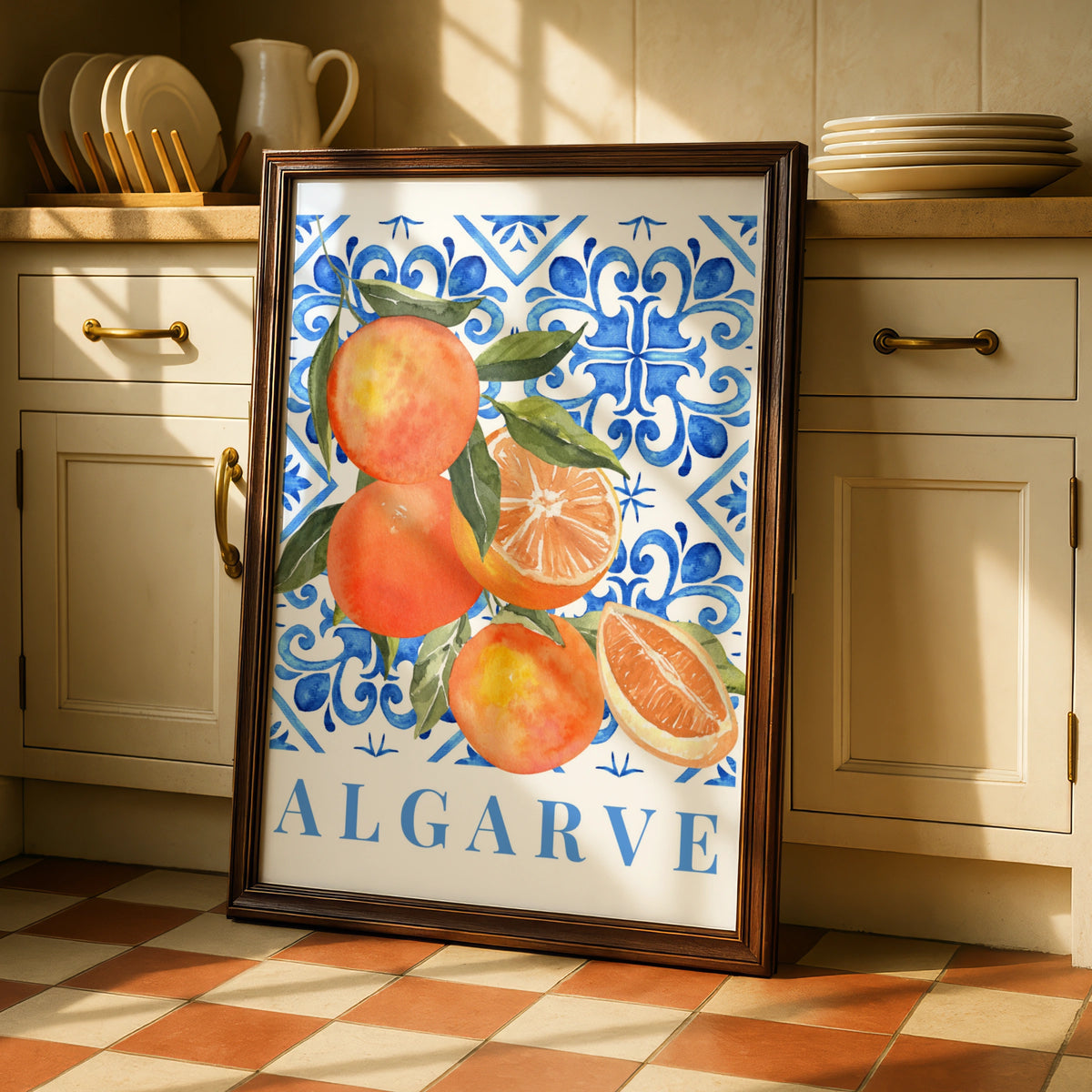 Algarve Orange Maximalist Poster, Portuguese Tile Wall Art, Blue Kitchen Print