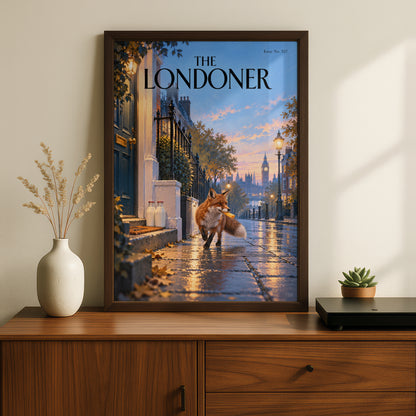 London Fox Poster, Magazine Cover Wall Art Print, Autumn Street Scene, Big Ben Illustration