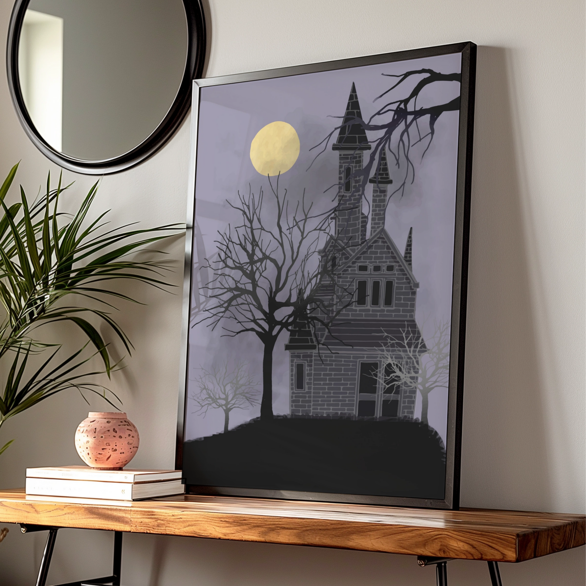 Haunted House Halloween Art Print, Spooky Full Moon Poster, Dark Gothic Wall Art