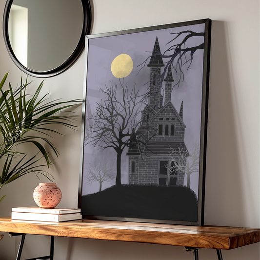 Haunted House Halloween Art Print, Spooky Full Moon Poster, Dark Gothic Wall Art