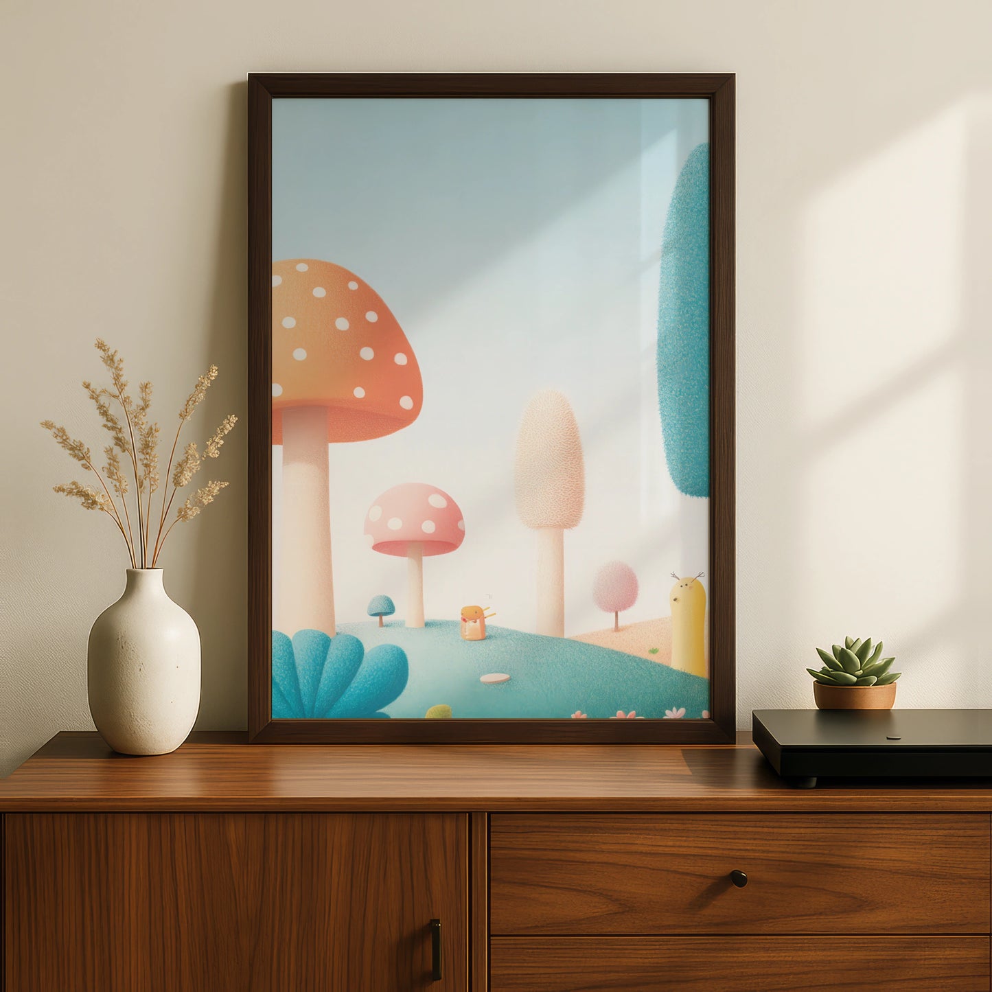 Mushroom Nursery Wall Art, Whimsical Forest Print, Pastel Kids Room Poster, Baby Decor