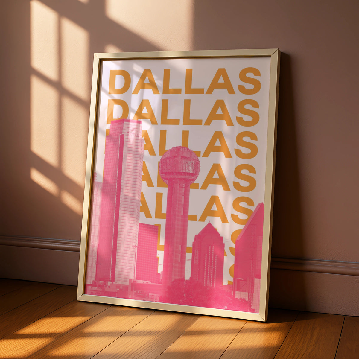 Dallas Travel Poster, Texas Skyline Wall Art, Retro City Print, Pink Orange Modern Decor